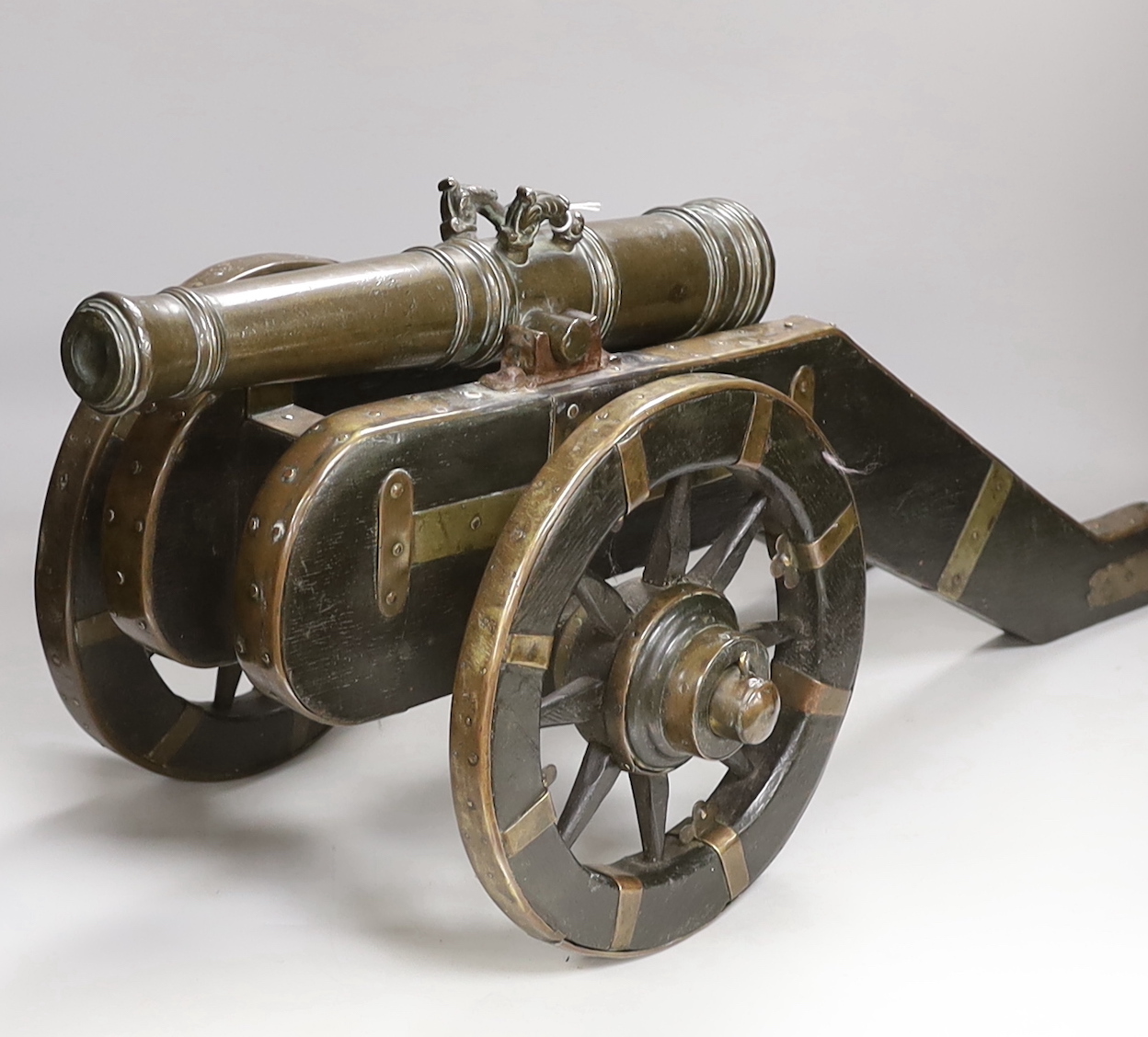 A bronze starting canon and truck, barrel 37cm